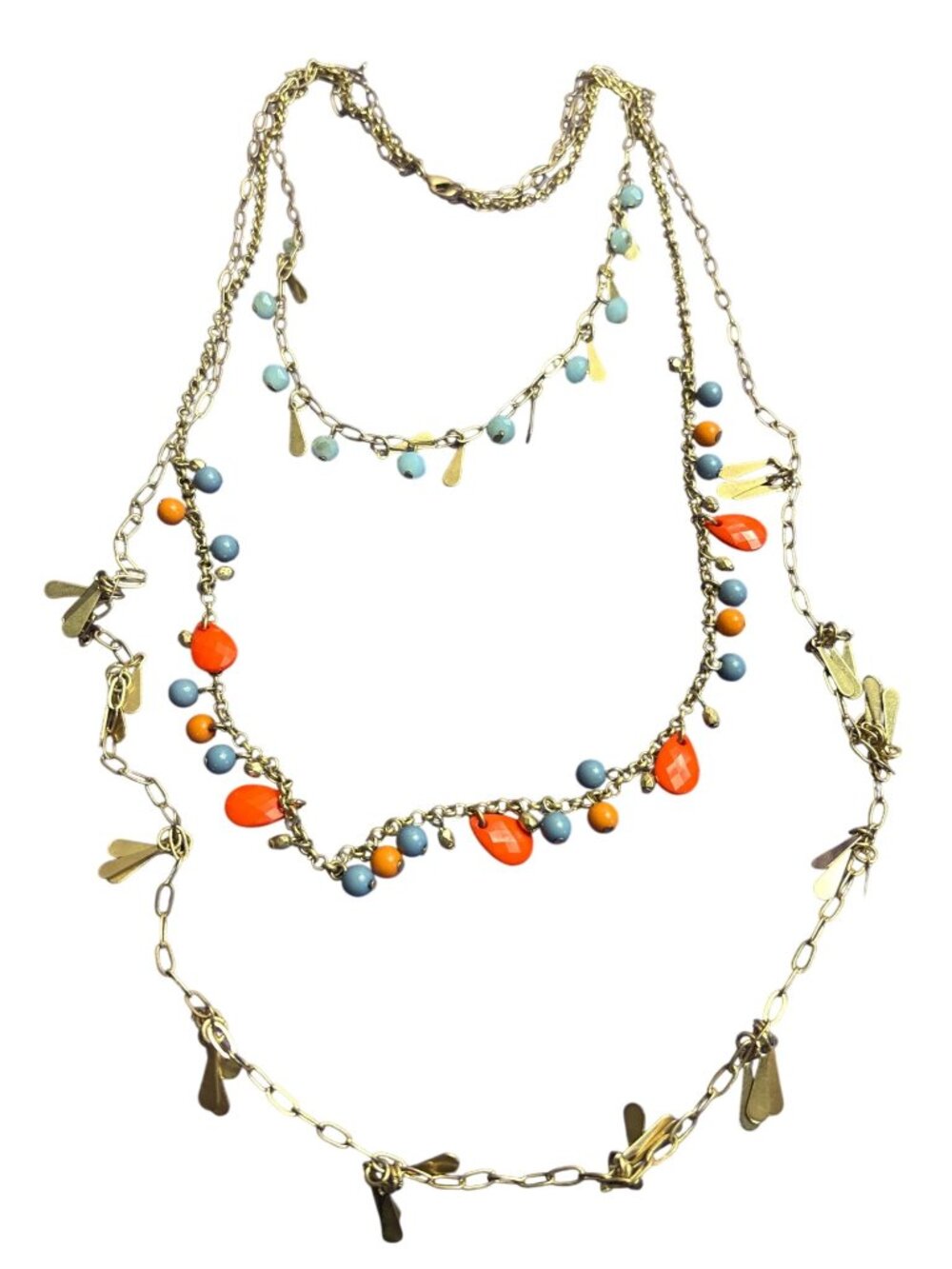 3 Strand Goldtone Chain Colorful Bead Fringe Necklace Lobster Clasp